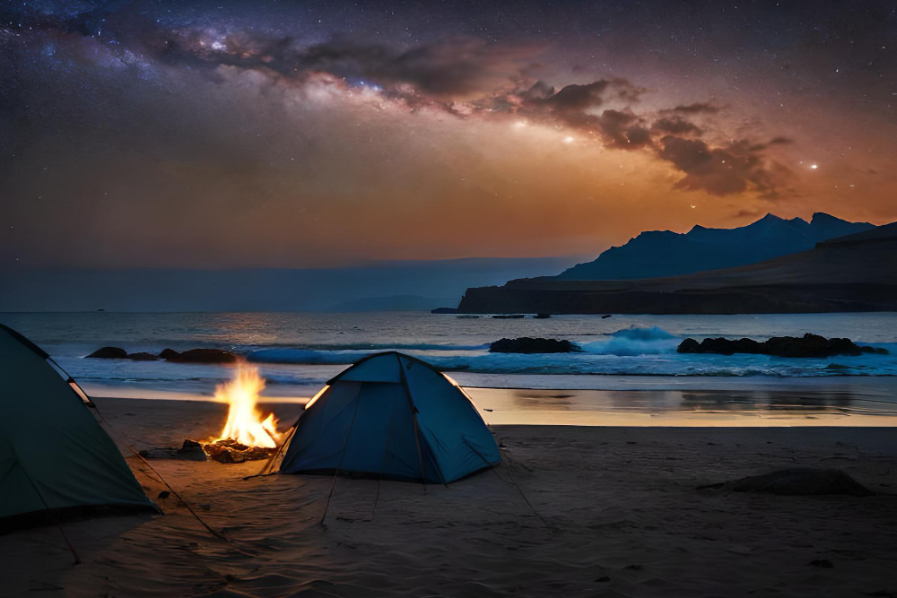 A campfire on a beach milky way
